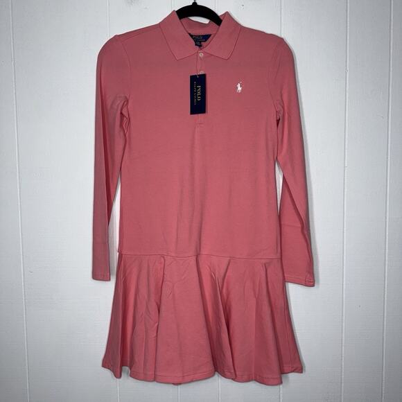 POLO Ralph Lauren Girl’s Cotton Long Sleeve Polo Dress Pink Size XL 16 NWT - Picture 1 of 5